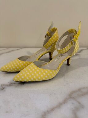 Anne Klein Yellow Polka Dot Pointed Kitten Heels with Ankle Strap
